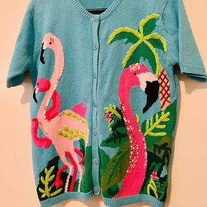 Patchington Blue Flamingo Short Sleeve Sweater/ cardigan